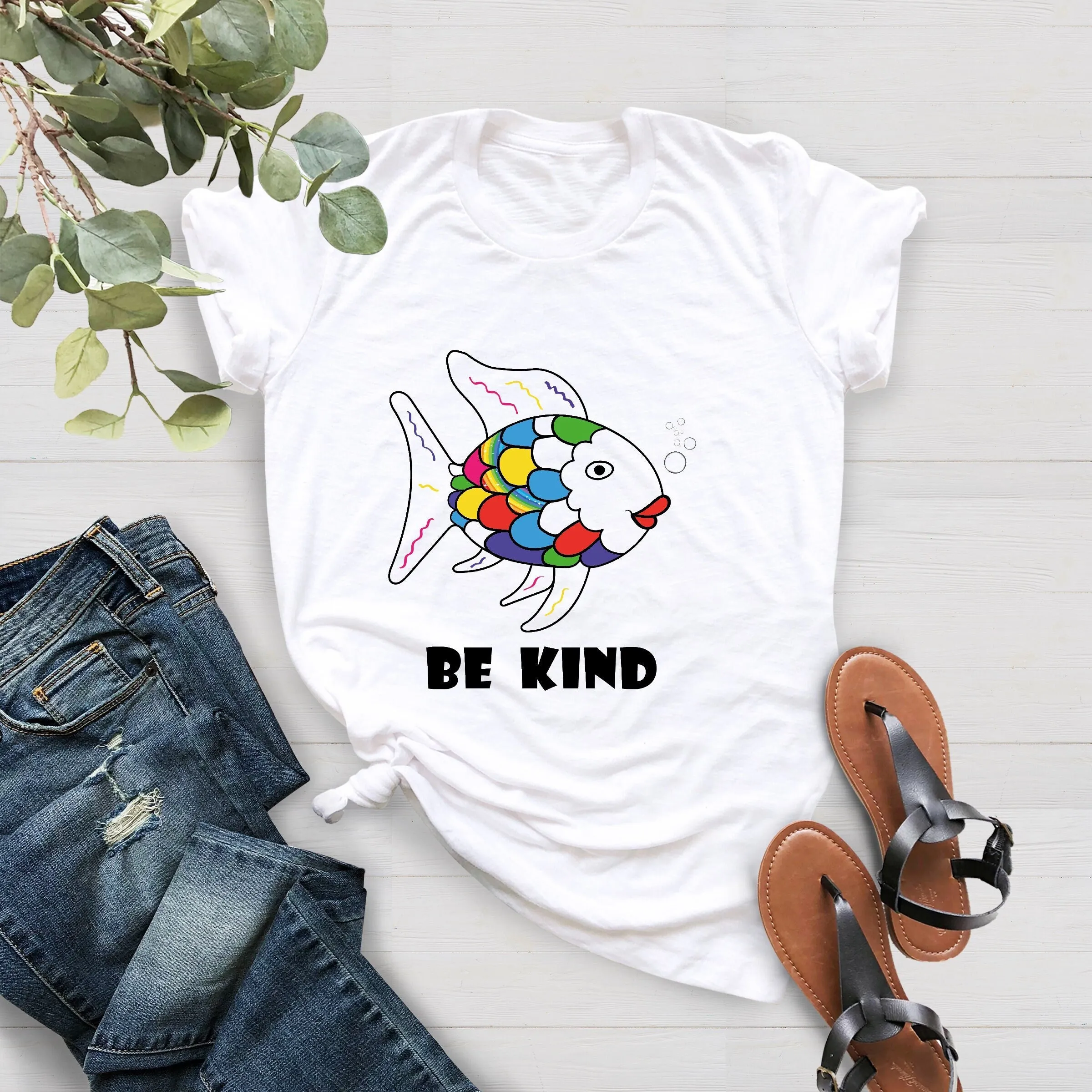 Be Kind Rainbow Scale Fish Teacher Reading Book Nostalgia Parody T Shirt For