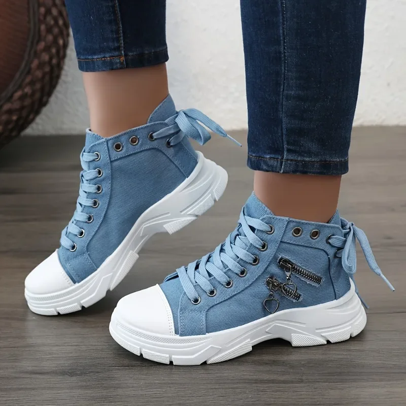 2024 New Women Plus Sizes Sneakers High Top Female Denim Canvas Shoes Thick Sole Girls Students Ankle Canvas Boots Lace Up