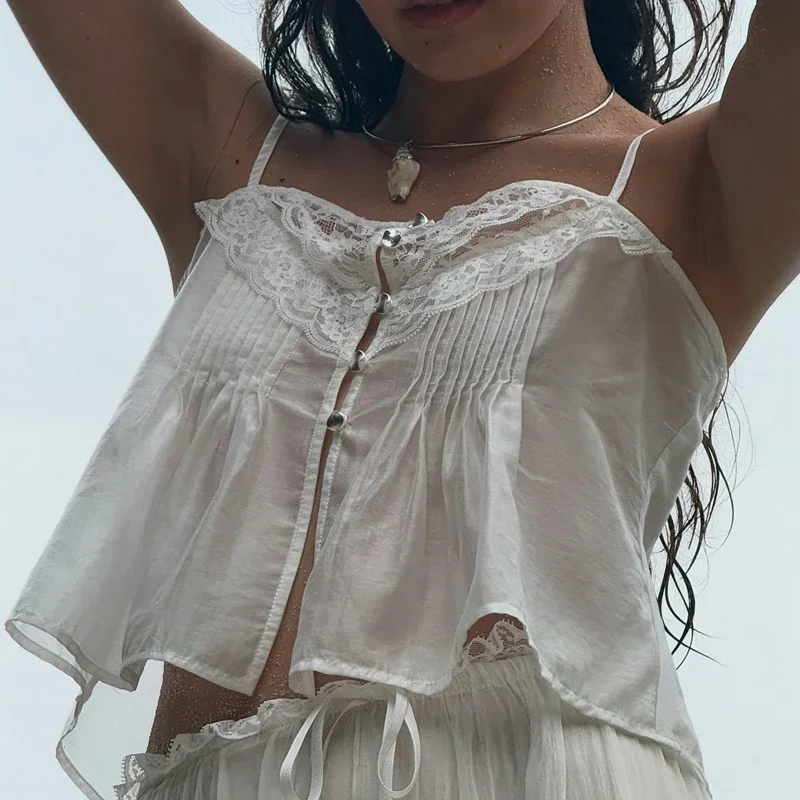 

Women Summer Sleeveless Camis Floral Lace Sheer Patchwork Metal Button Split Pleated Front Ruffle Hem Babaydoll Vest
