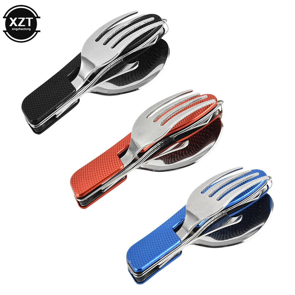 Stainless Steel 4-In-1 Foldable Tablespoon Set Spoon Knife Fork Bottle Opener Folding Pocket Kits Outdoor Tableware Set