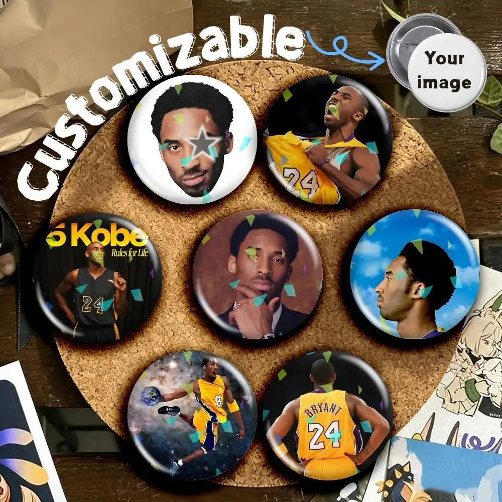 Legendary Mamba K-Kobe B-Bryant  Customizable Round Brooch Pins, Personalized Badges With Broken Glass Design Fashion Accessory