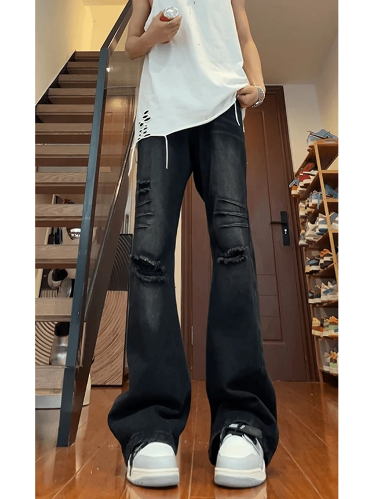 

Мужские джинсы в американском стиле ретро, прямые брюки для похудения, длинные брюки с микро-клеш, нож с отрывными отверстиями