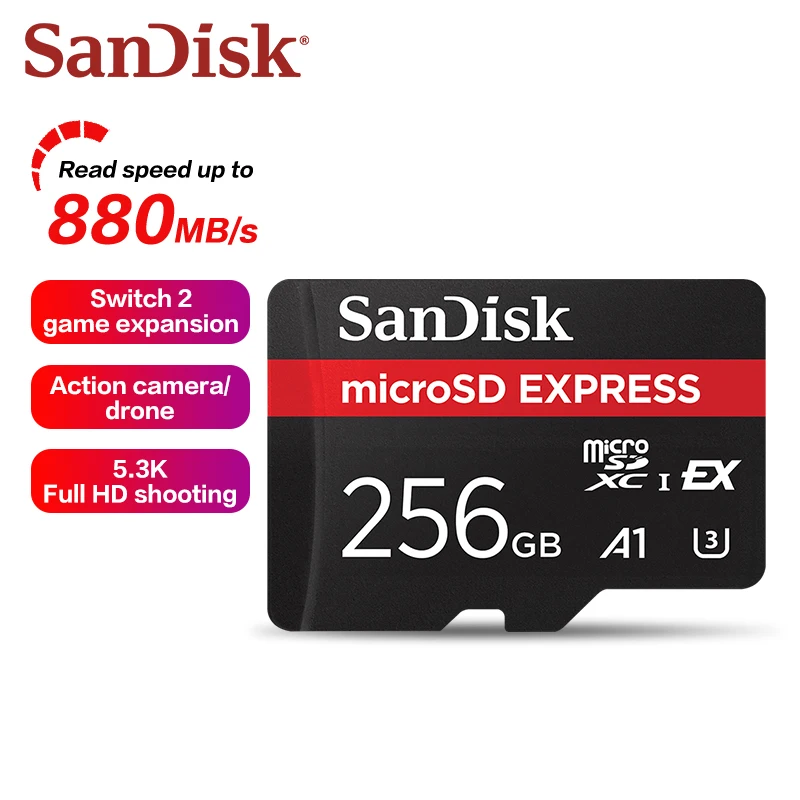 닌텐도 스위치 2 게임 콘솔용 정품 SanDisk microSD Express 카드 PCIe NVMe EX microSDXC 메모리 카드 256GB 최대 880Mb/s