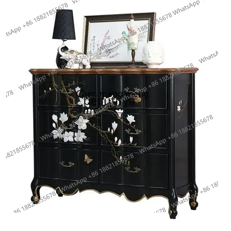D176 Dhh French retro solid wood chest old side cabinet, American light luxury bedroom, painted storage cabinet at the end of th