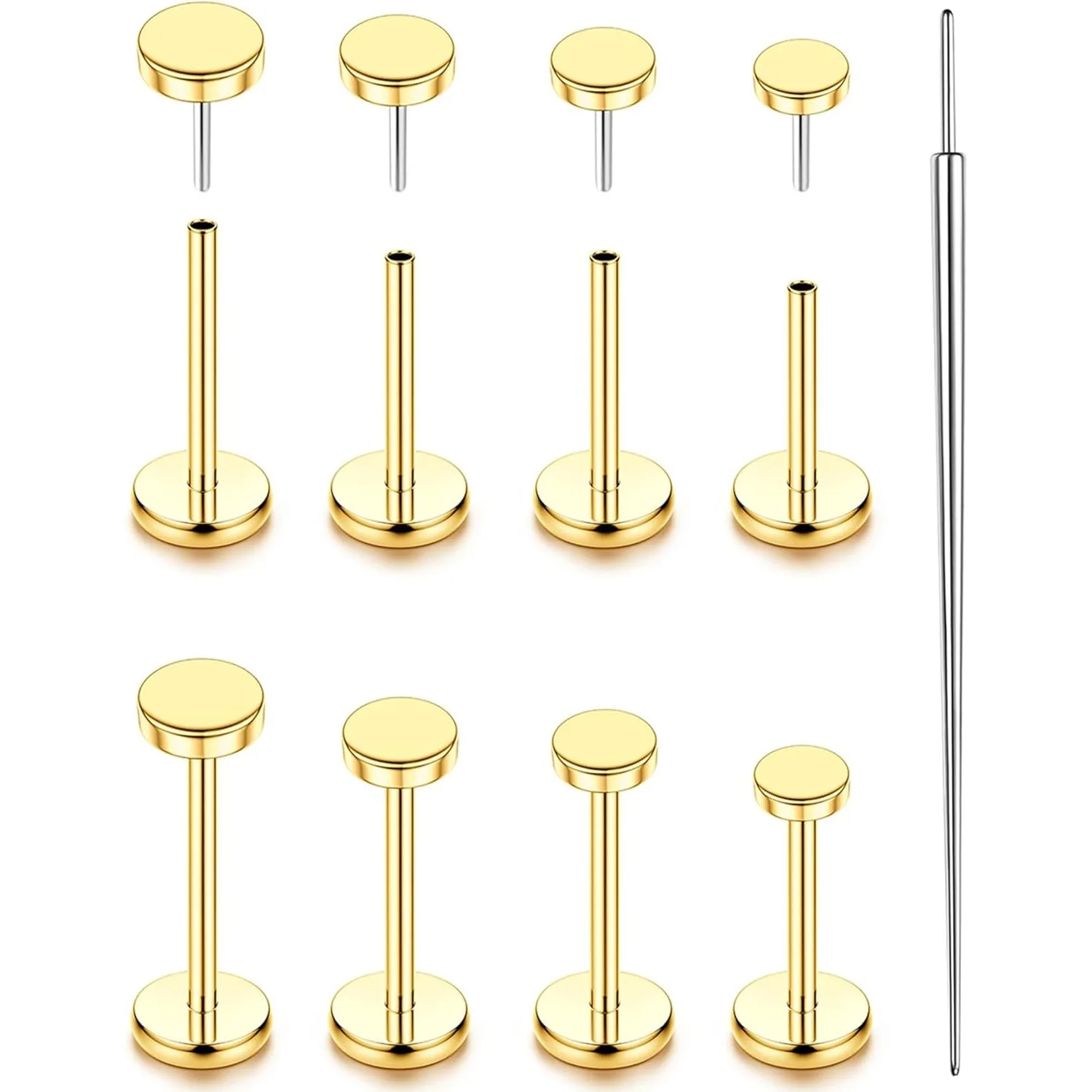 Drperfect Pendientes de tuerca planos sin rosca, chapados en oro, para mujer y hombre, de acero quirúrgico, para piercing de cartílago y hélice