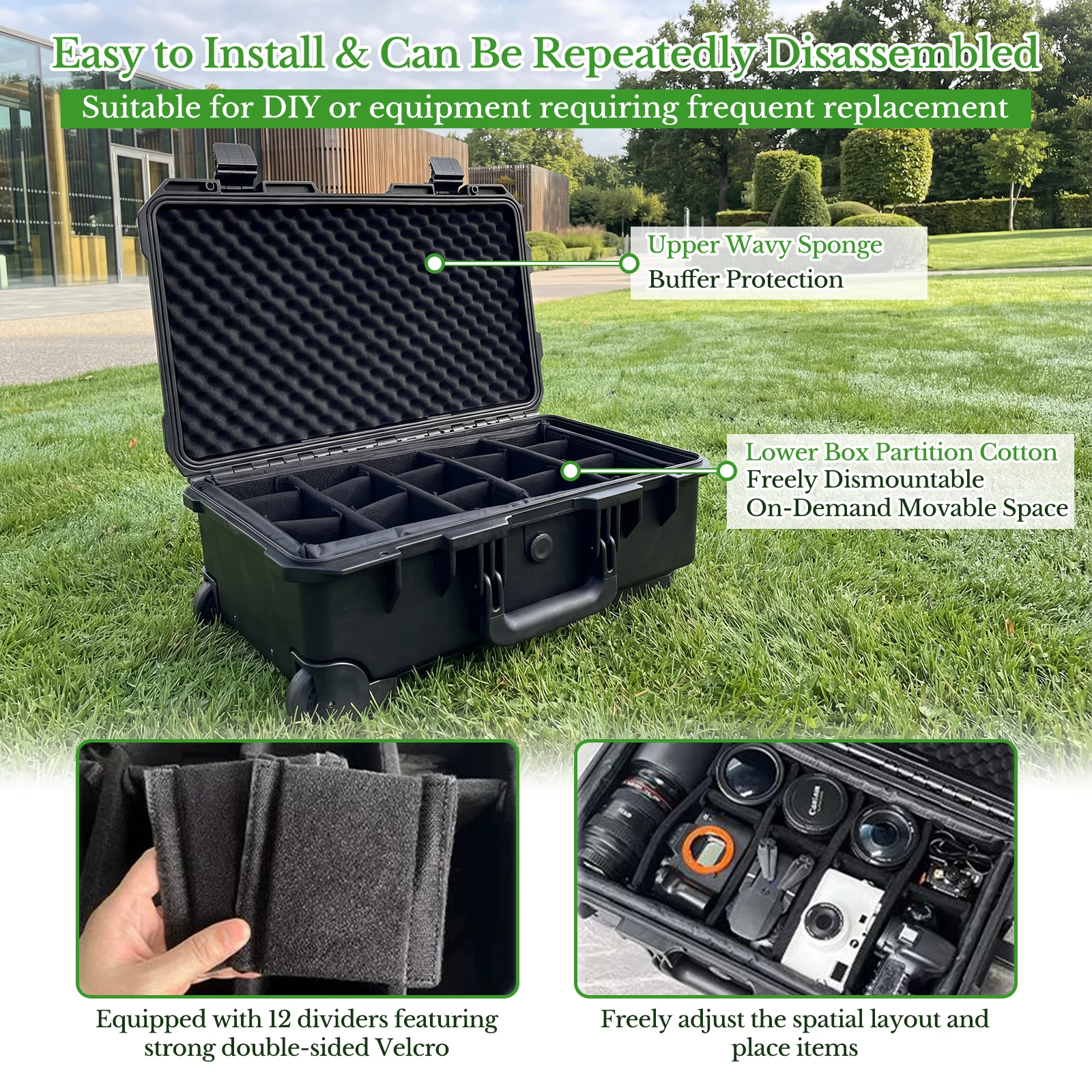 Hard Rolling Camera Case Waterproof Shockproof Hard Shell Equipment Trolley with Retractable Handle Rolling Wheels Customizable Foam for DSLR Drone Tripod Light Lenses Photography Travel Carry On view 6