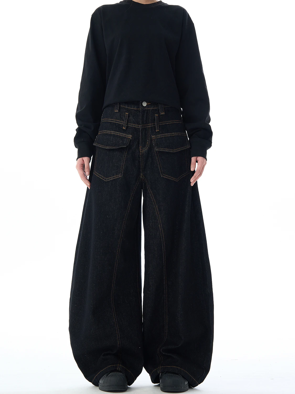 

Black Wide Leg Jeans AFOEOT American Retro Cleanfit Antiwear Design Men's And Women's Workwear Pants High Waist Zipper Fly