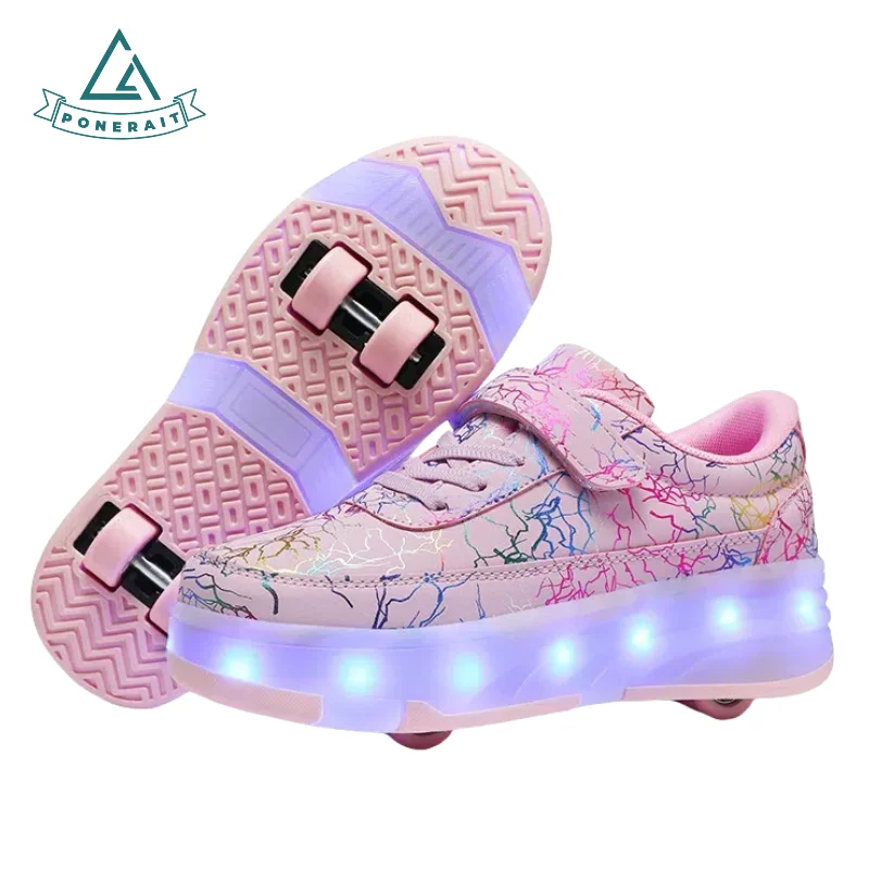 

PONERAIT Girls Flash Shoes with Wheels for Beginners Gift - Magic Strap Closure Glowing 4-Wheel Skates with USB Charging LED
