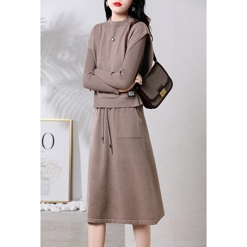 Women\'s Clothing Solid Casual Two Piece Set Knitted Dress Autumn Winter Slim O-neck Thick Warm Drawstring Commute Dress