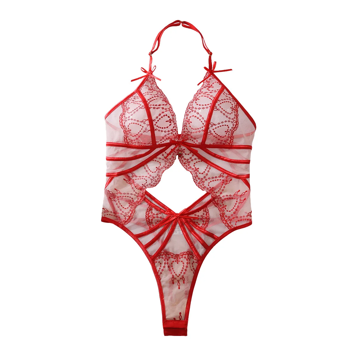 Europe and US 2025 New Bowknot Decoration Contrast Color Heart-Shaped Embroidery Hollow Out Necklace Sexy Bodysuit