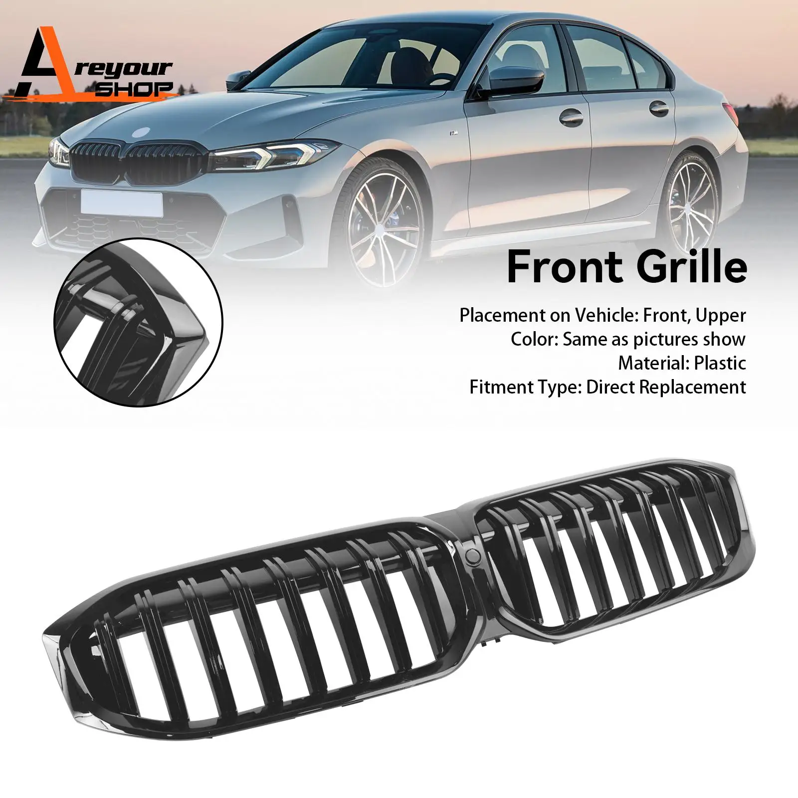 Areyourshop Gloss Black Front Kidney Grille Racing Grill for BMW 3 Series G20 320i 330i M340i 2023-2024