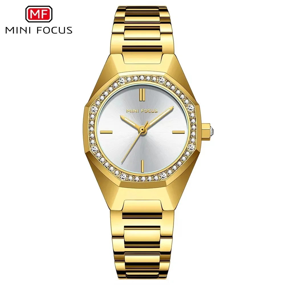 

MINI FOCUS 0433L Women Stainless Steel Strap Fashion & Casual Rhinestone Wristwatch Octagon Case Simple Analog Quartz Watch