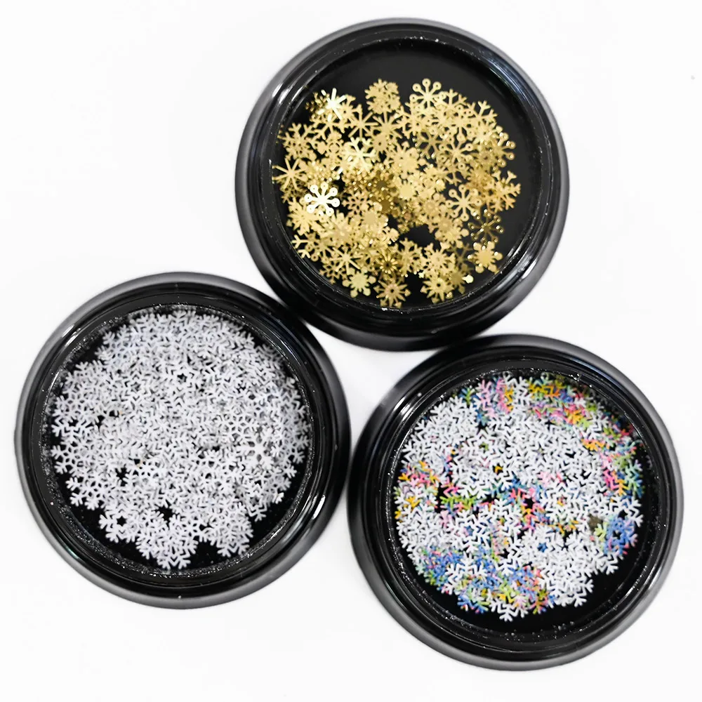 1Jar Gold Silver 3D Winter Snowflake Nail Charm Alloy Metal Christmas Snow Flake Rhinestones DIY New Year Nail Art Decoration