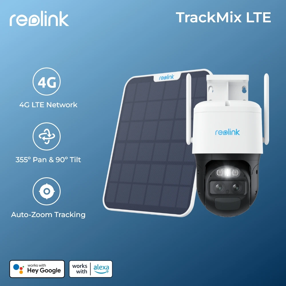 

Reolink Trackmix LTE 2K 4G LTE Cellular Security Camera Solar/Battery Powered Pan & Tilt IP Camera with Auto-Zoom Tracking