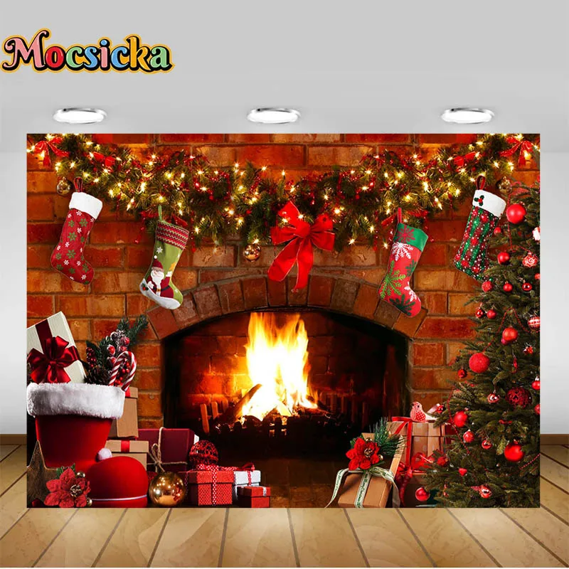 Latar belakang Natal, dekorasi pesta lantai kayu pohon Natal, perapian foto Prop potret latar belakang fotografi Natal