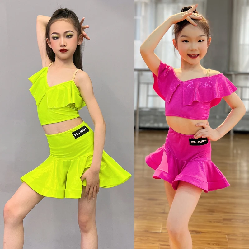 

Fluorescent Colors Latin Dance Performance Suit Kids Chacha Latin Dance Costumes Girls Salsa Samba Latin Dance Wear SL15065