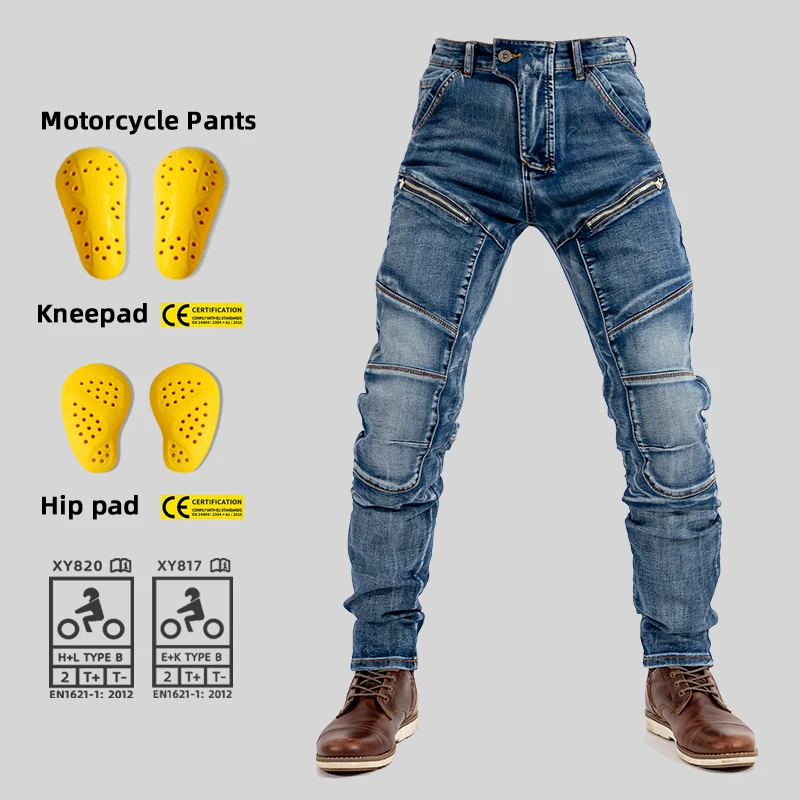 Four-season Motorcycle Riding Jeans, Unisex Design, Slim Fit & High Stretch, Outdoor Casual Motorbike Pants with Protective Gear
