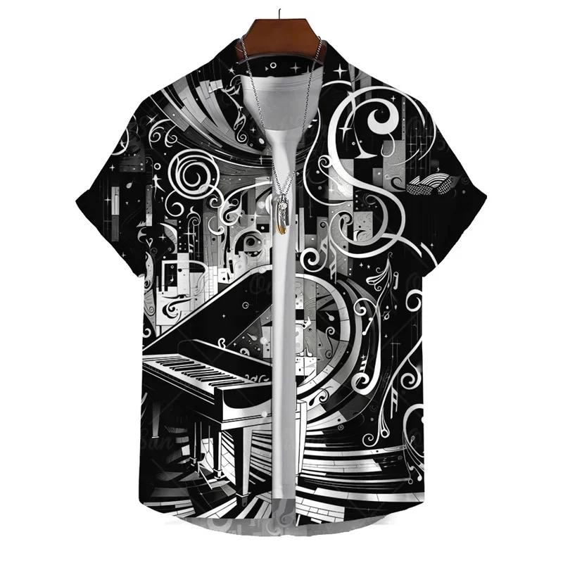 Guitar Black White Pattern Hawaiian Shirt Men Music Piano 3D Printing Loose Shirts Summer Beach Lapel Tops Street Casual Blouse