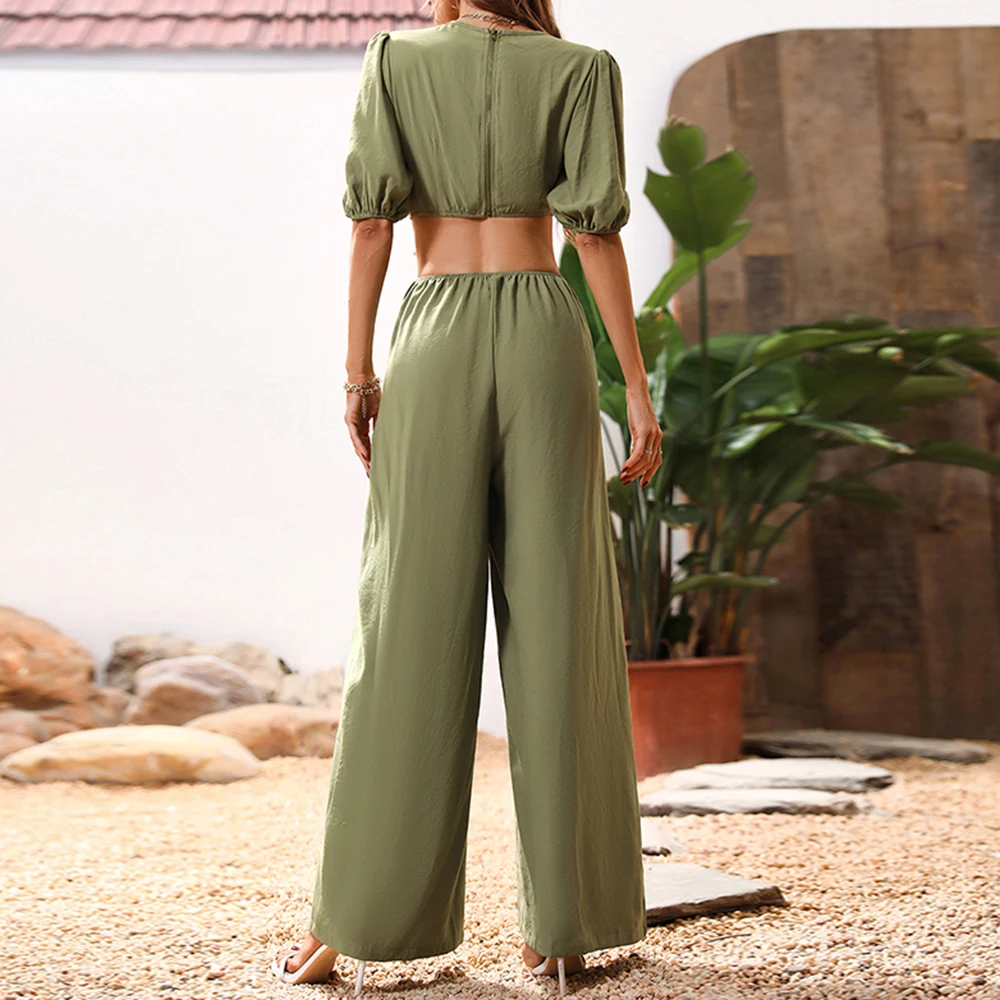 Women\'s Summer truffle waist V-neck Half Sleeve Jumpsuit Casual Loose Wide Leg Pants Dungaree Bib Overalls Playsuit 2023 Romper