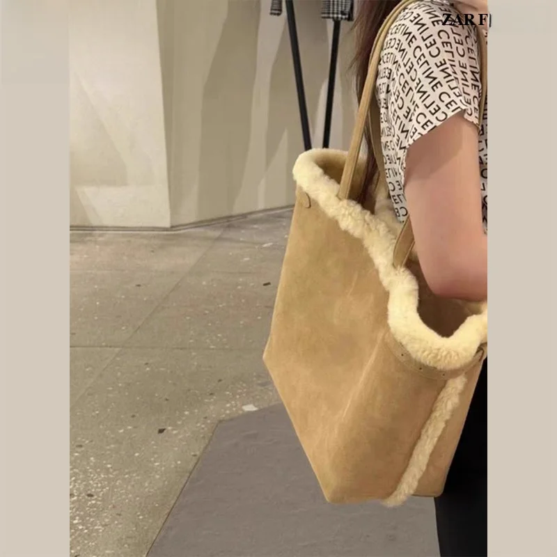 حقيبة يد نسائية كبيرة السعة أصلية، حقيبة كتف للتنقل اليومي، تصميم شتوي دافئ متعدد الاستخدامات