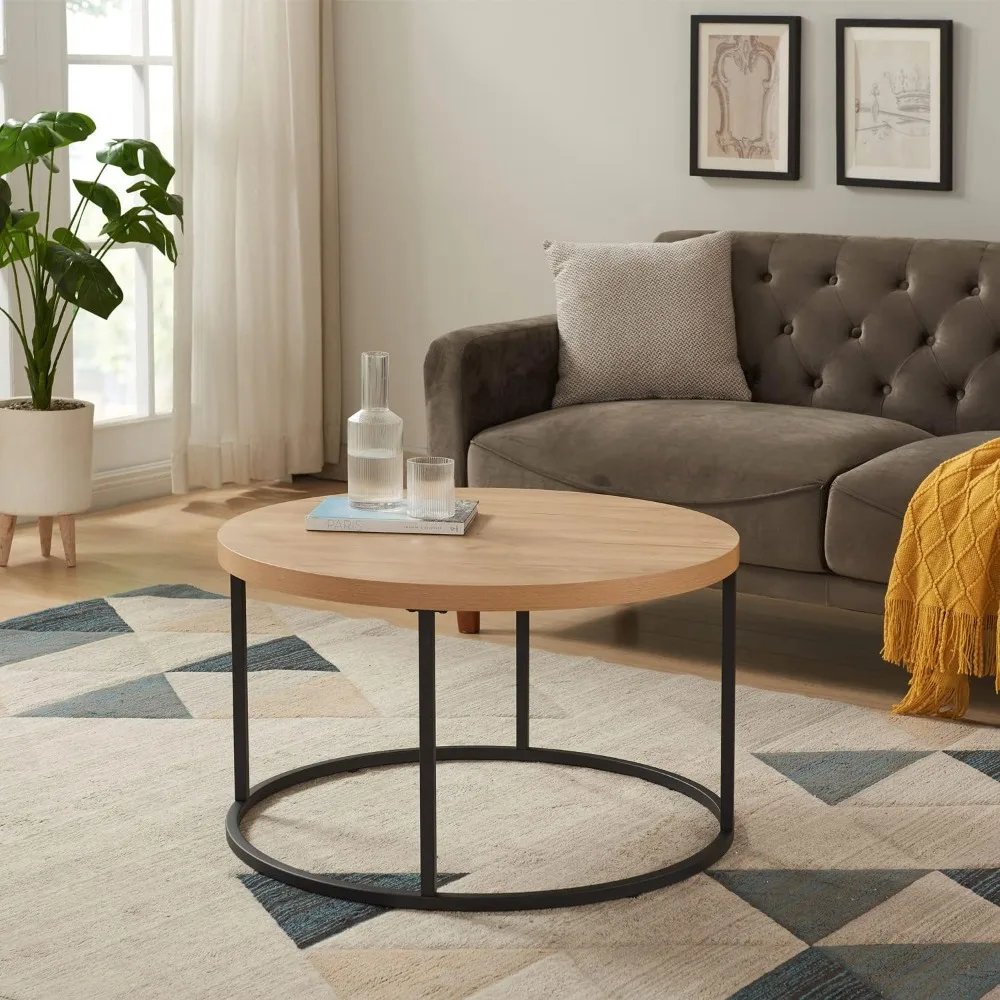 

31.5 Round Coffee Table for Living Room, Modern Industrial Wood Circle Center Table with Sturdy Metal Legs, Thick Scratch
