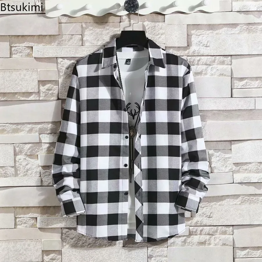 Fashion New Men's Casual Simple Plaid Long-sleeved Shirts Korean Version Trend Loose All-matches Tops Handsome Men Shirt Jackets