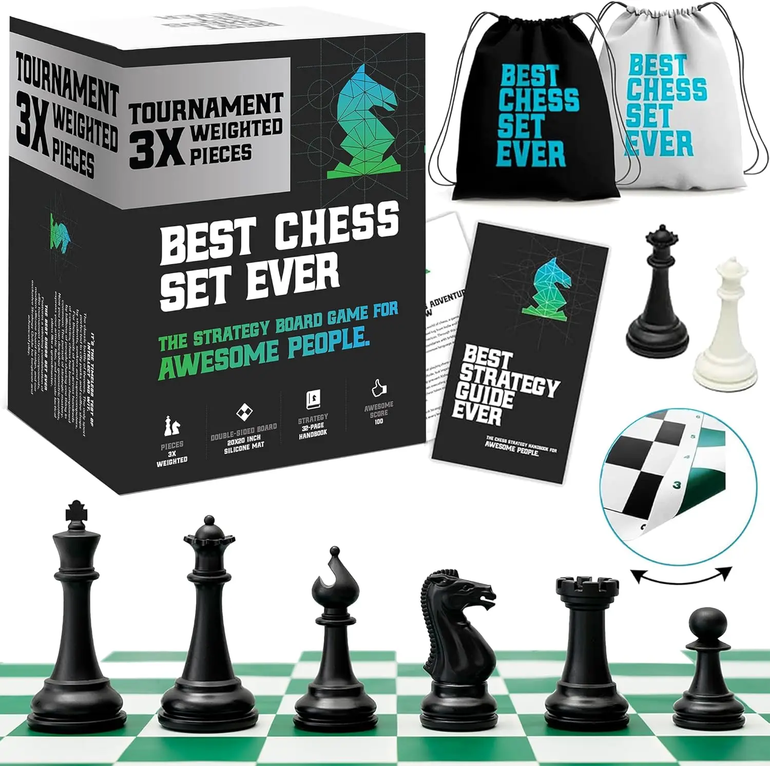

Triple Weighted Tournament Chess Set, 4' King, Modern Staunton, 20x20 Roll-Up Silicone Mat, for Adults & Kids
