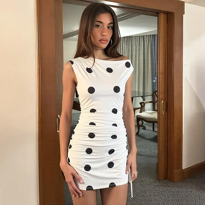 

TARUXYDiagonal Collar Polka Dot Print Dress Women Fashion Sexy Waist-Cinching Slim Lace-Up Dress Female Daily Dating Party Dress