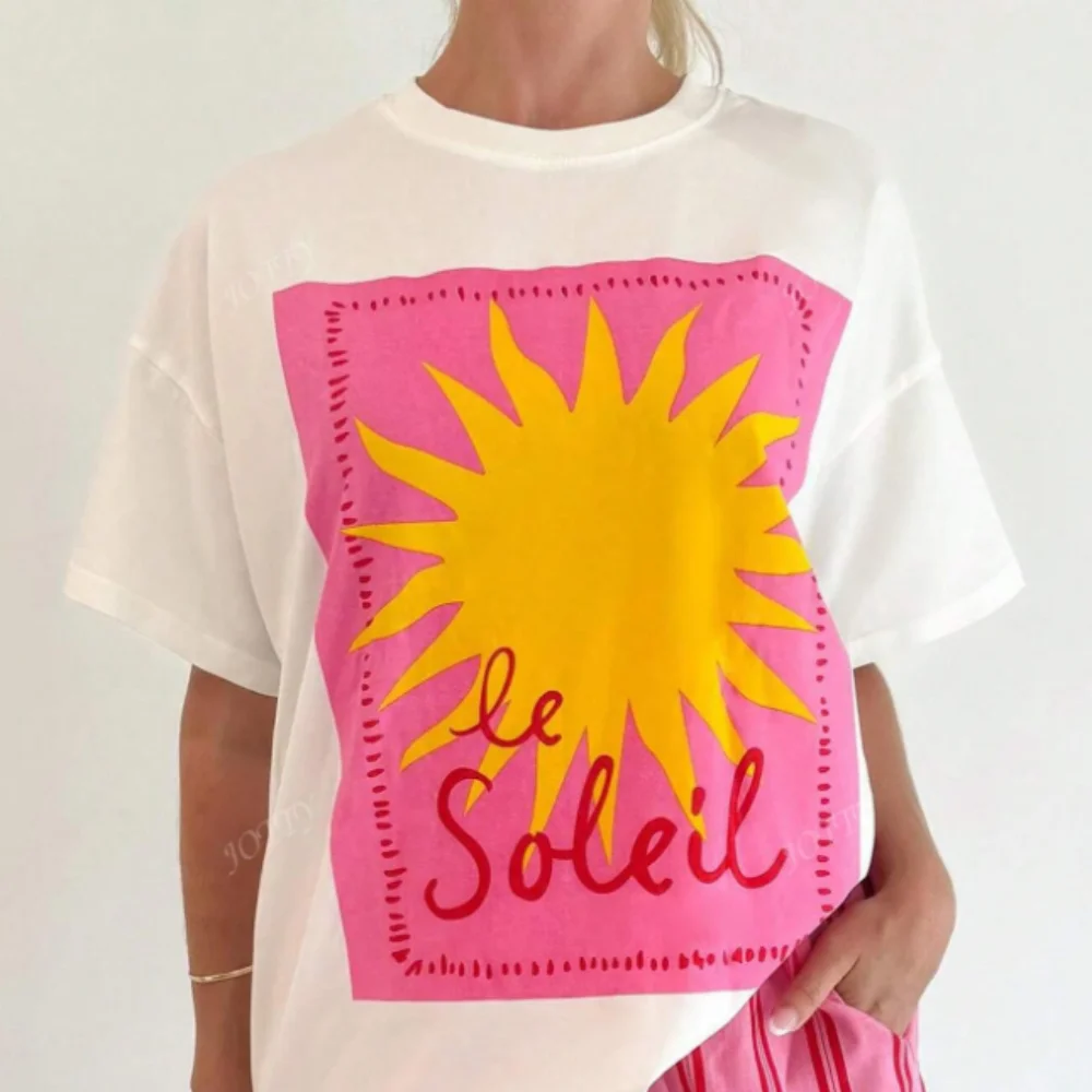 Lässiges Damen-T-Shirt mit rosa Sonnenmuster und Rundhalsausschnitt und kurzen Ärmeln