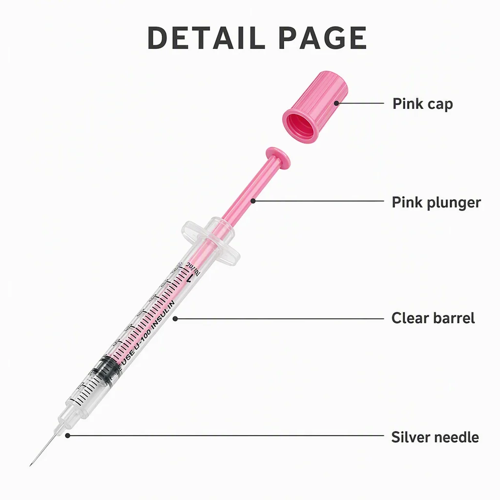 100pcs 1ml/cc 31G 8mm Plastic Manual Sterile Insulin Syringe Pink Cap with 5/16