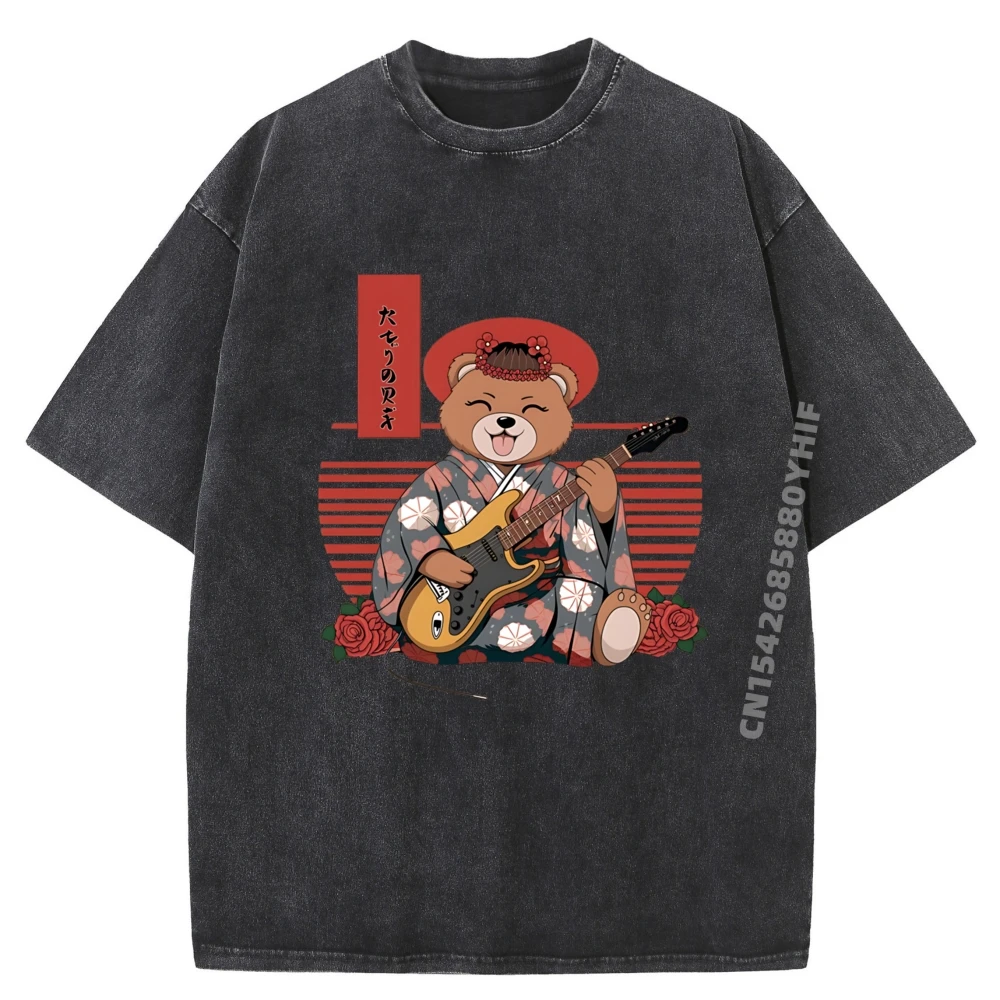 

Japanese Bear Guitar Kawaii Kimono Manga Black Shirt Graphic Tees Man Gifts For Men Retro Washed Shirt