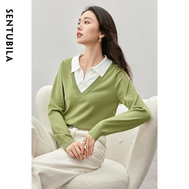 SENTUBILA Spliced Knitted Pullovers for Women 2024 Autumn Fashion Turn Down Collar Patchwork 2 in 1 Tops Odzież damska W43H57272