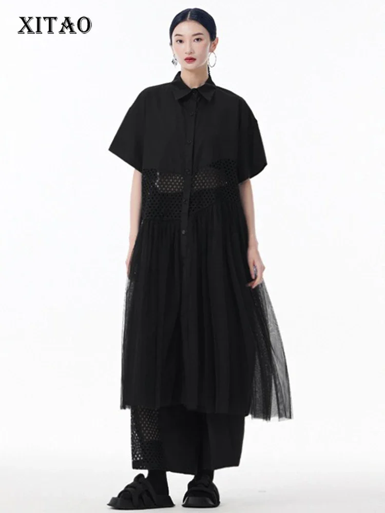 

XITAO Patchwork Mesh Lapel Hollow Out Dress Casual A-line Short Sleeve Single Breasted Turn-down Collar Female Dress GYX1583