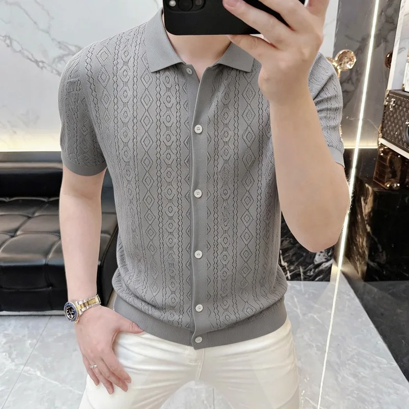 Summer Knitted Short Sleeved Cardigan for Men Elastic Quick Drying T-shirt Casual Business Polo Shirt Trend Versatile Thin Shirt
