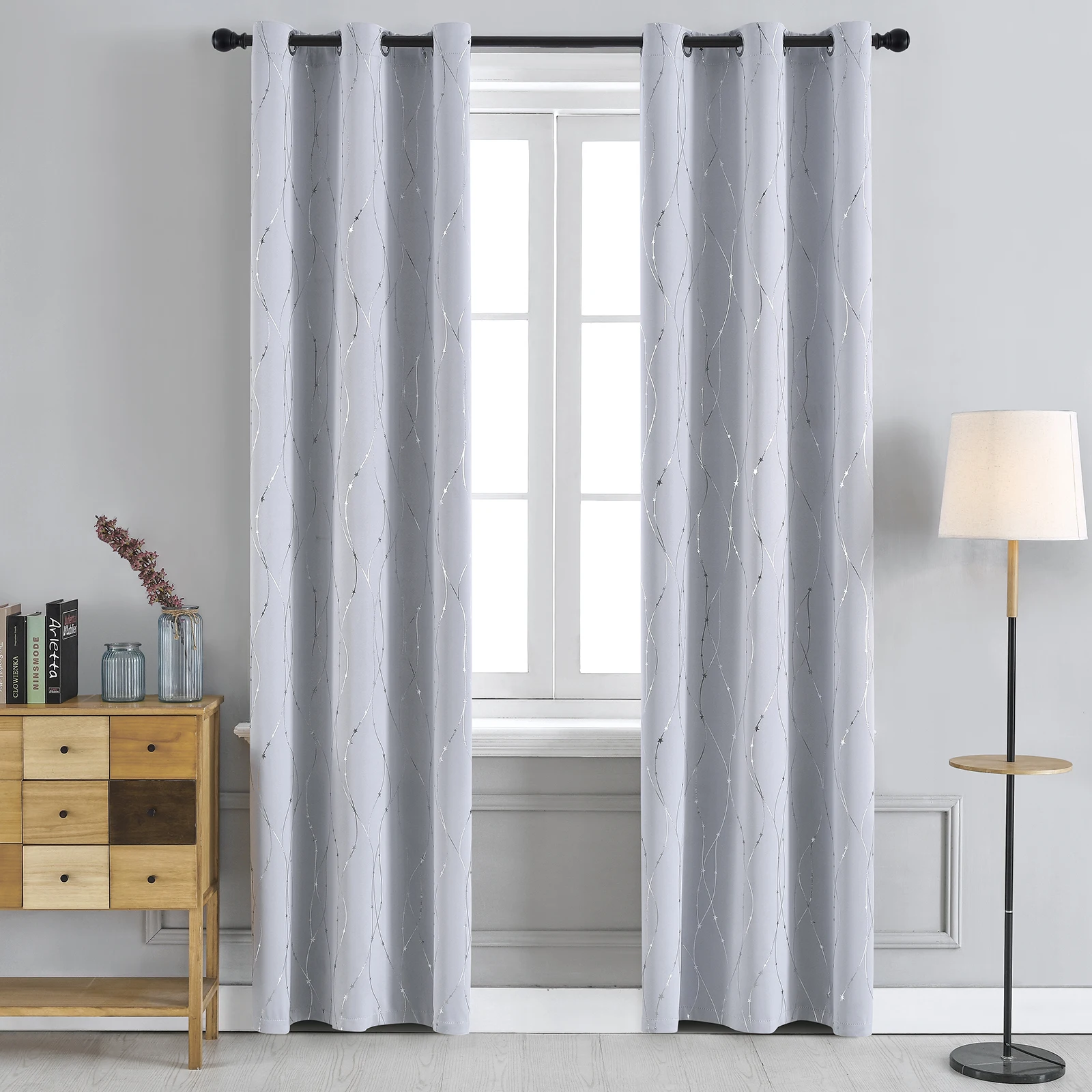 Blackout Curtains for Bedroom Noise Reducing Thermal Insulated Wave Line Foil Print Room Darkening for Living Room