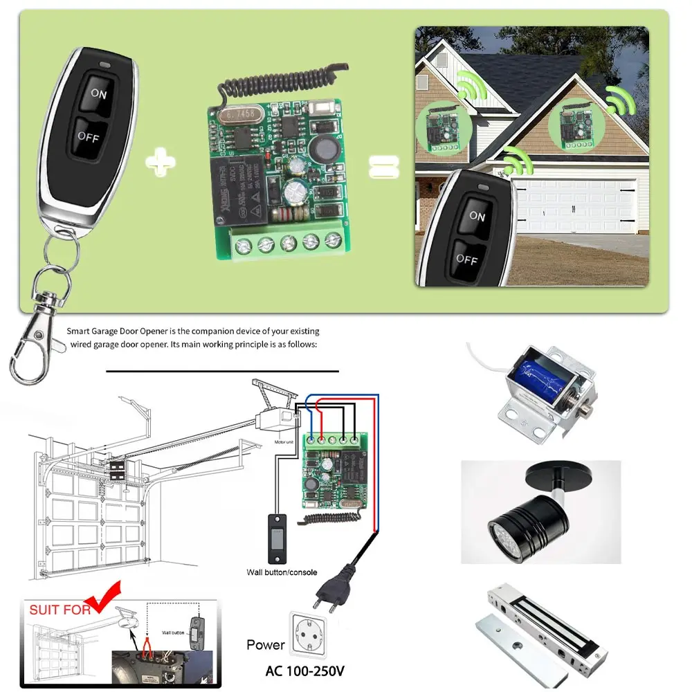 433Mhz Wireless Remote Control module Switch AC 220V 1CH Remote Control Relay Receiver and Rf on off Transmitter,for Light Fan