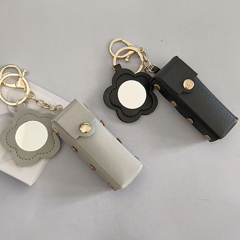 Lipstick Organizer Keychain with Mirror Leather Lipstick Case Makeup Pouch Lip Balm Bag Holder Lipsticks Protective Cover