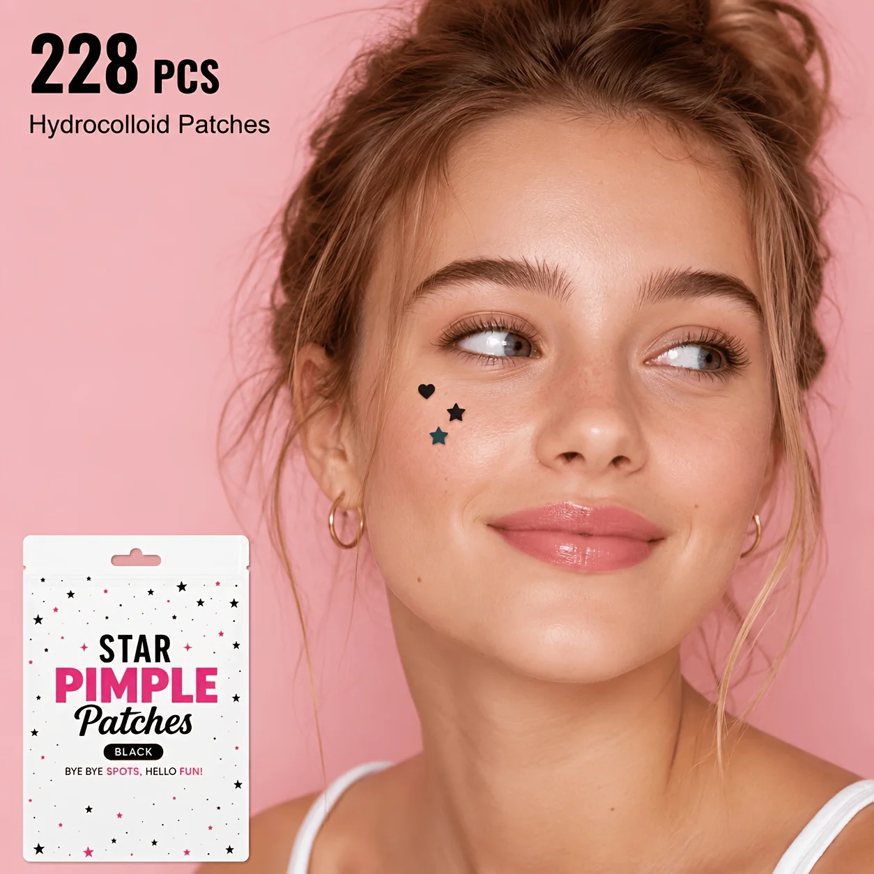 228PCS Black Star & Heart Face Stickers, Transparent Cute Pimple Patches, 2 Sizes 2 Shapes Decorative Facial Patches