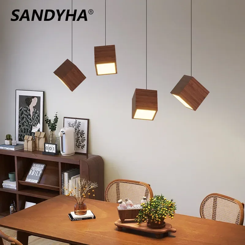 SANDYHA Pendant Light Modern Minimalist Retro Style Cube Long Chandeliers for Bar Dining Room Bedroom Bedside Wood Home Decor