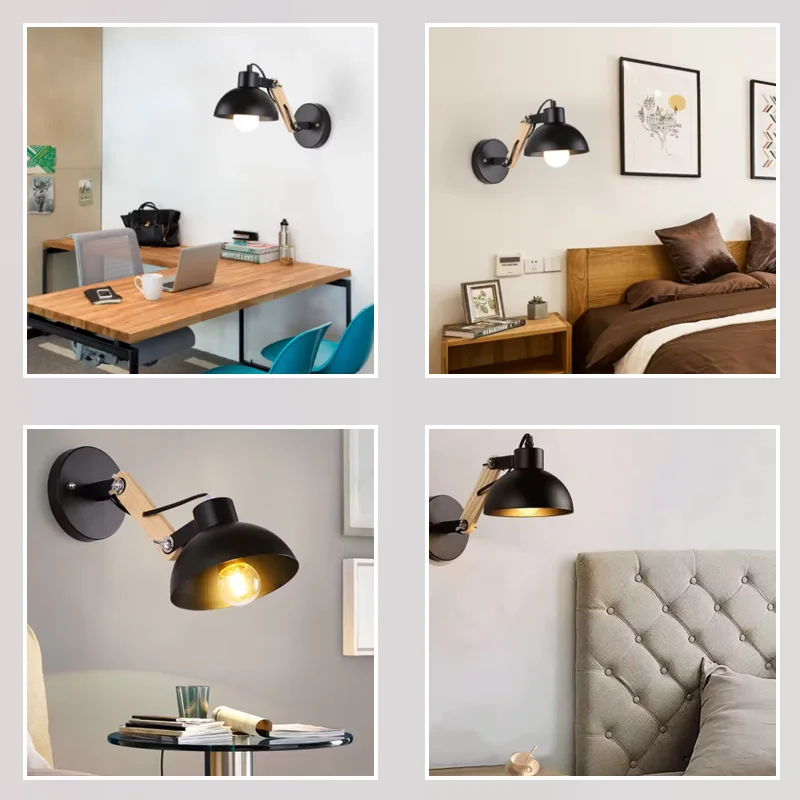 Minimalist Bedside LED Adjustable Wall Lamp Nordic Bedside Bedside Iron Wood Wall Light Black with Switch Plug Wall Lights Home