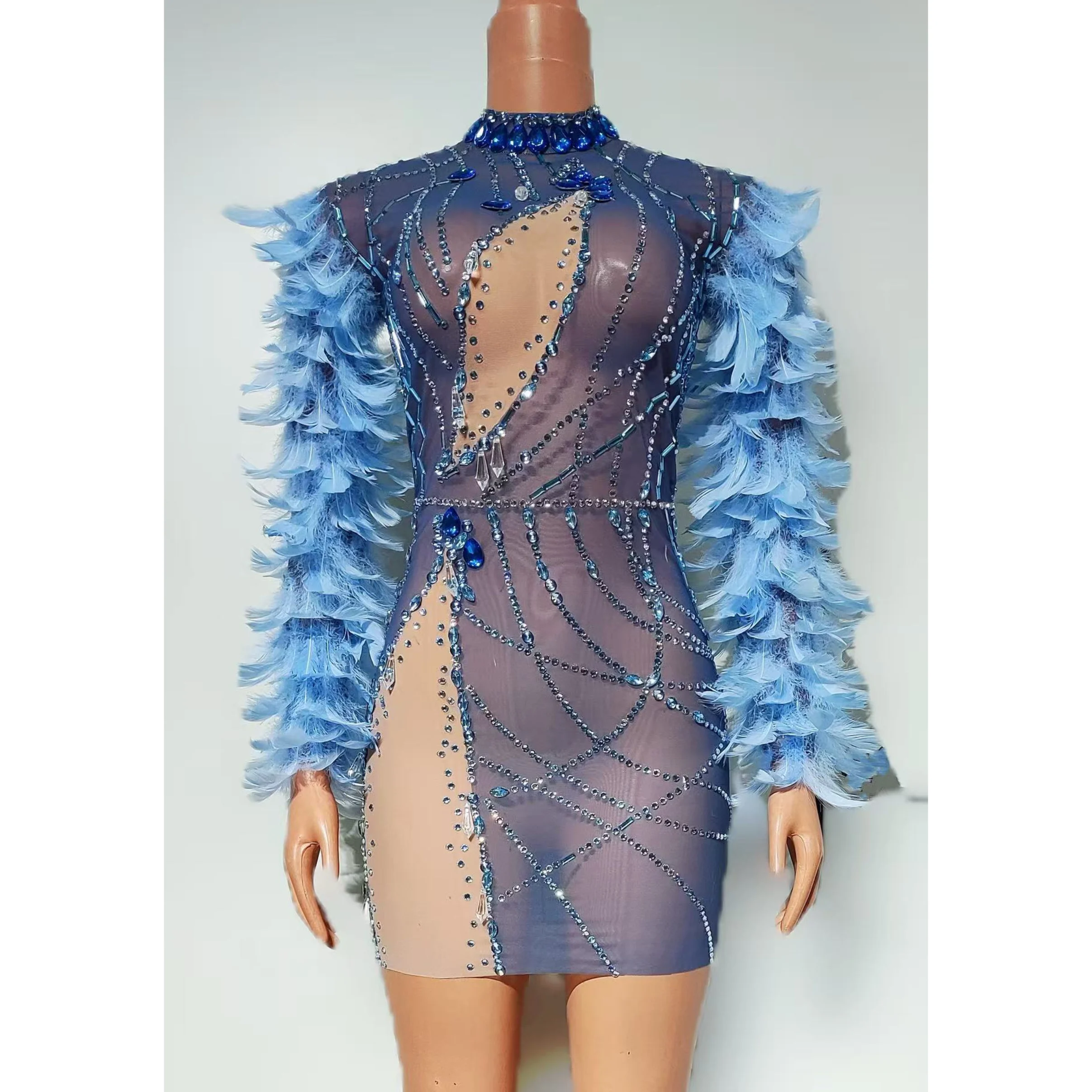 

Women Sexy Stage Mesh Stretch Dress Rhinestone Singer Dance Costume Feather Sleeve Evening Party Luxury Birthday Queen Outfit