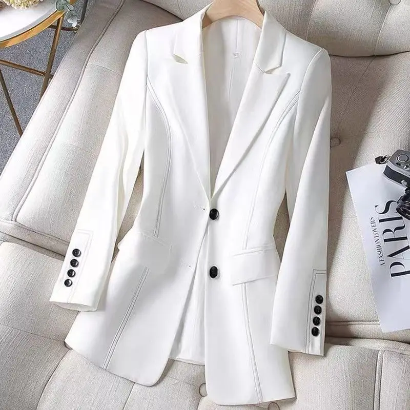 Primavera autunno moda donna elegante nero bianco bottone Slim blazer giacca ufficio signora colletto dentellato manica lunga cappotto Chic