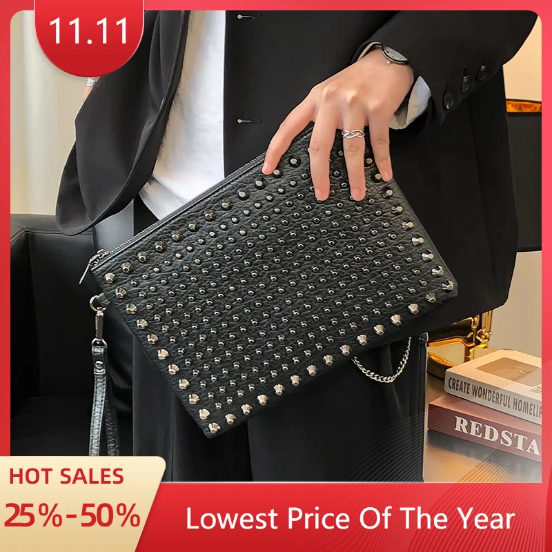 Hot Men\'s Bag Rivets Handbag Envelope Clutch Purse Bags Shoulder Crossbody Bag Designer Luxury Leather Brand Messenger Bag