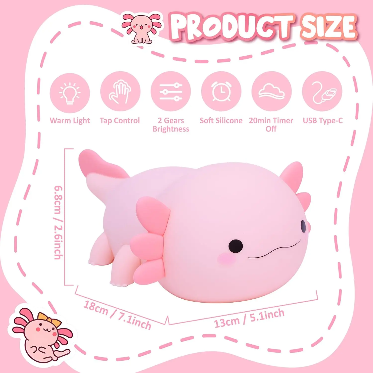 Cute Axolotl Night Light, Soft Silicone & Touch Control, Dimmable Warm Light, Auto-Off Timer, Perfect Sleep Companion, Gift Idea