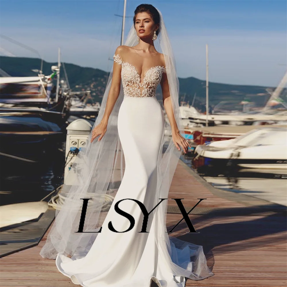 LSYX Boho Off-Shoulder Appliques Deep V-Neck Crepe Mermaid Wedding Dress Illusion Back Court Train Bridal Gown Custom Made