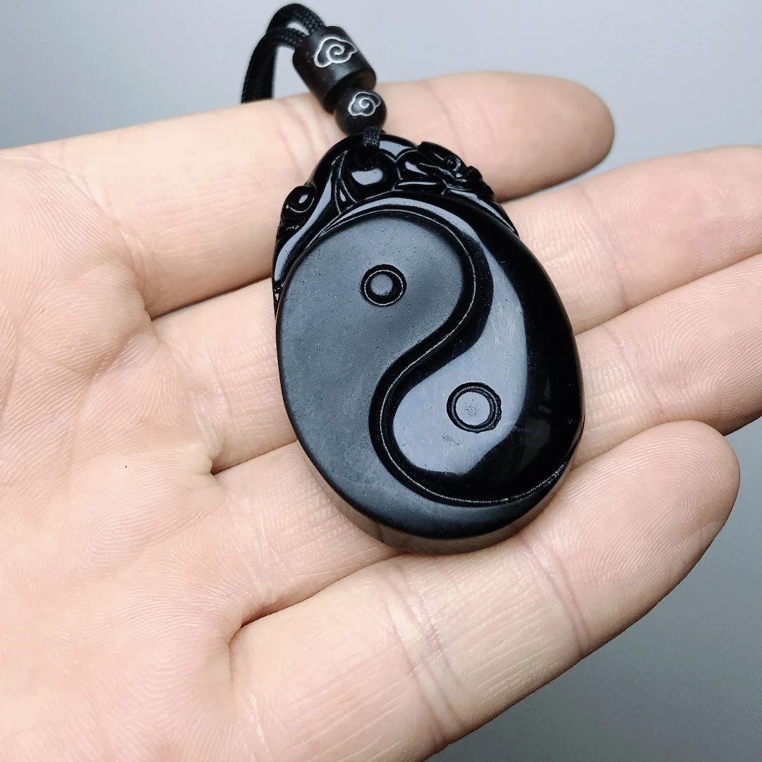 Natural Black Obsidian Tai Chi Gossip Necklace Pendant Yin Yang Tai Chi Necklace Jewelry for Men Women