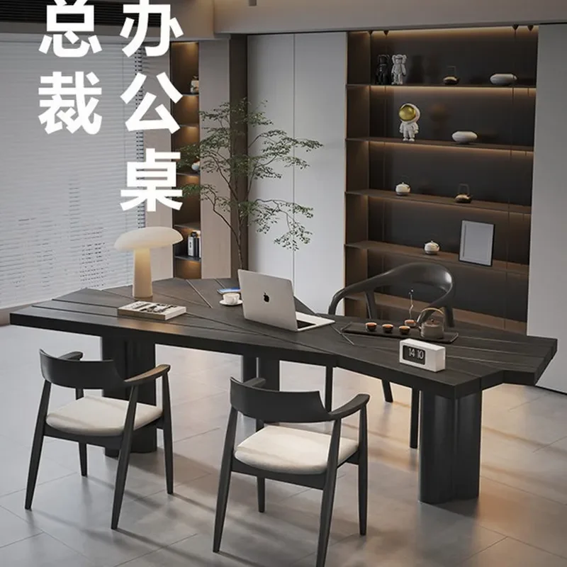 Light Luxury Minimalist Special Shaped All Solid Wood Computer Desk Black Creative Office Boss Table High End Home