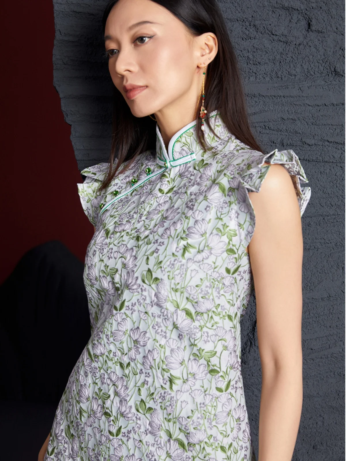 Retro Style Short  by Original  with Embroidered Button Elegant Cotton Blend Daily Wear for Young Women