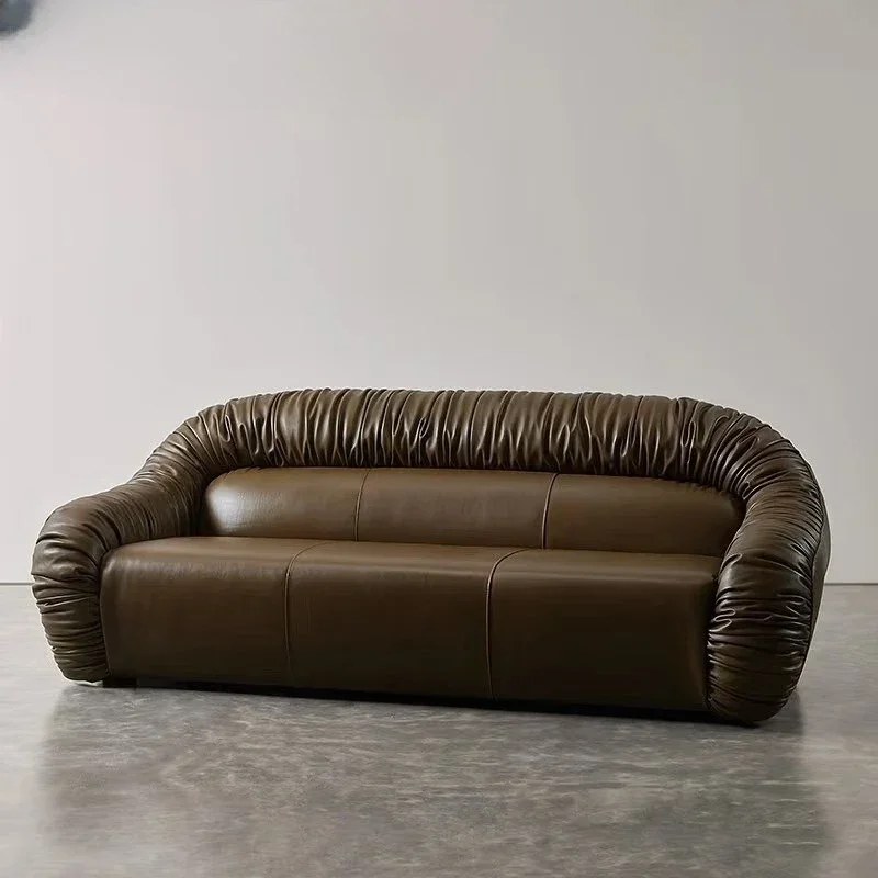 Designer retro style three-seater leather small apartment living room oil wax leather sofa