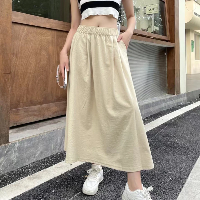 

Chic Solid Color Casual Versatile Skirts for Women Korean Summer Loose Slimming Elastic Waist High Waisted A-line Half Skirt